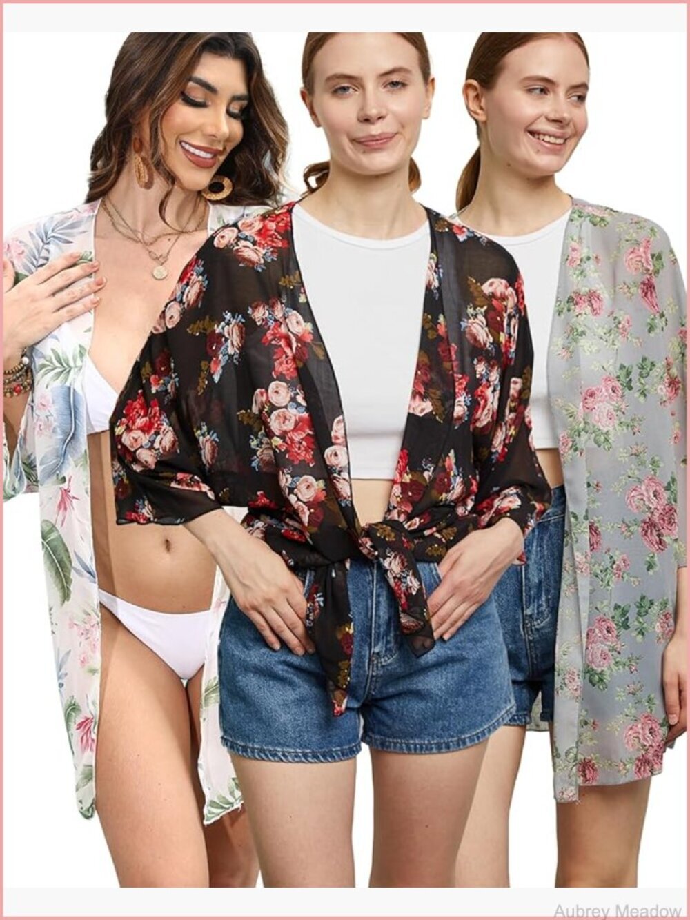 Women's Puff Sleeve Kimono Cardigan Floral Print Loose Summer Cover Up